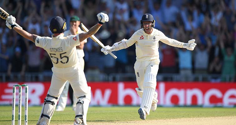 Ben Stokes and Jack Leach celebrating at Headingley